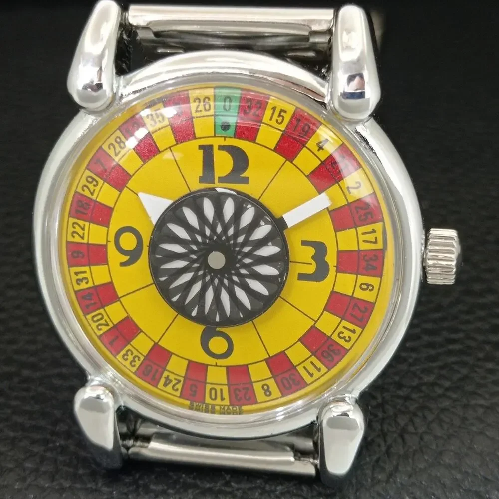 Vintage 1971 Roulette Manual Mens Silver Watch W/Steel Strap & Yellow accents